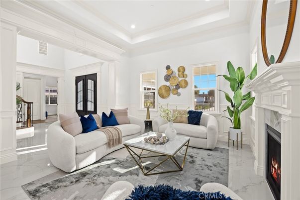 Fireplace, Interior, Living room, Marble, Recessed Lighting