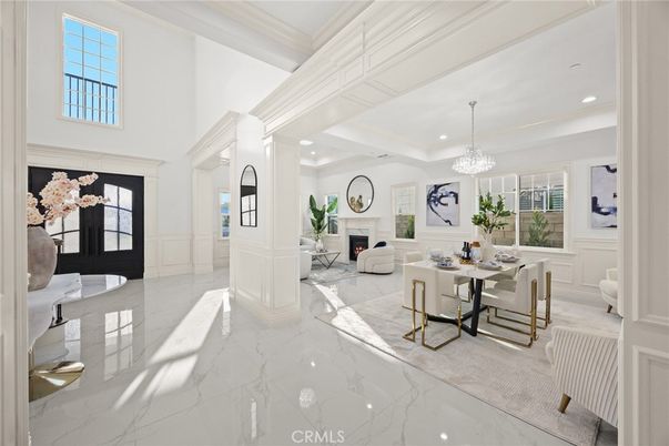 Chandelier, Fireplace, Interior, Living room, Marble, Recessed Lighting