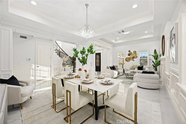 Chandelier, Dining room, Interior, Living room, Marble, Recessed Lighting