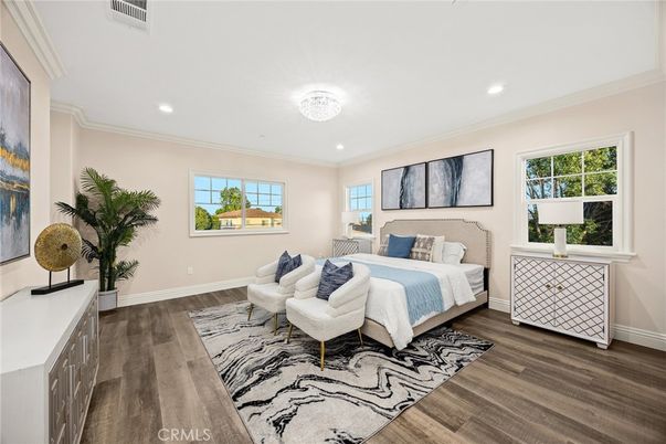 Bedroom, Interior, Recessed Lighting, Wood Texture Flooring