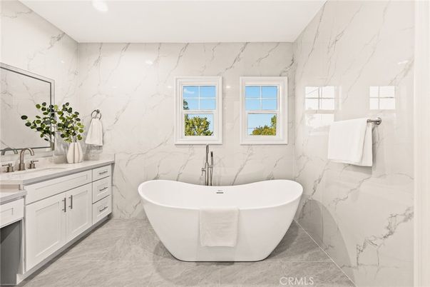 Bathroom, Dual Sink Vanities, Free Standing Baths, Interior, Marble, Marble Walls