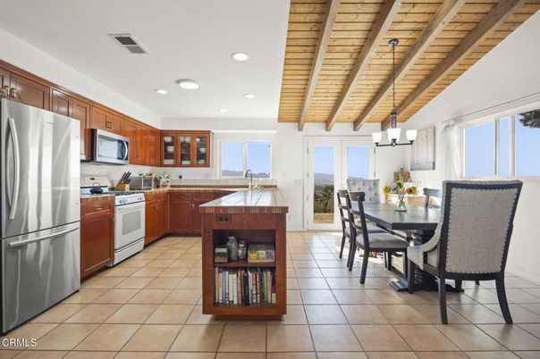 Dining room, Interior, Kitchen, Recessed Lighting, Tile Countertops, Wooden Beams, Wooden Ceilings