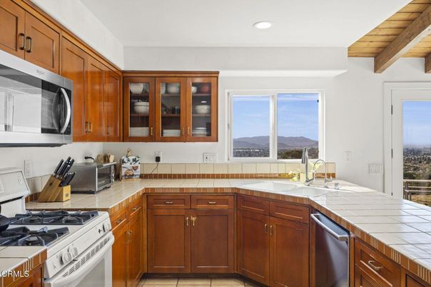 Interior, Kitchen, Recessed Lighting, Tile Countertops, Wooden Beams