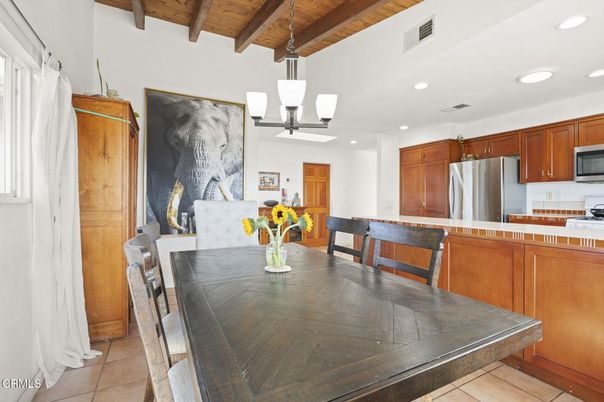 Dining room, Interior, Kitchen, Pendant Lights, Recessed Lighting, Stainless Steel Appliances, Wooden Beams, Wooden Ceilings