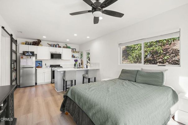Bedroom, Interior, Kitchen, Recessed Lighting, Stainless Steel Appliances, Wood Texture Flooring