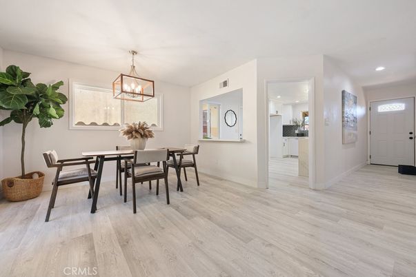 Dining room, Interior, Pendant Lights, Recessed Lighting, Wood Texture Flooring