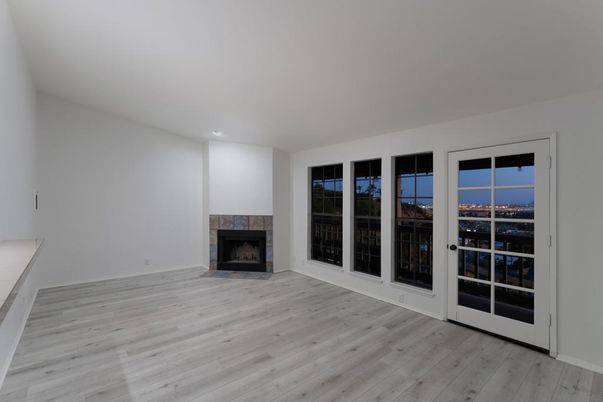 Empty room, Fireplace, Interior, Recessed Lighting, Wood Texture Flooring