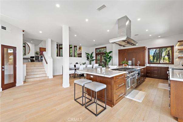 Dining room, Interior, Kitchen, Recessed Lighting, Stainless Steel Appliances, Wood Texture Flooring