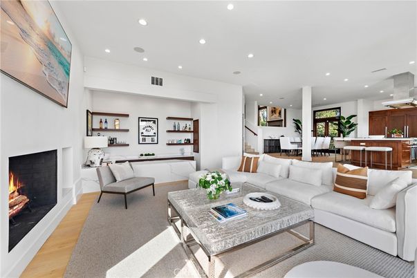 Dining room, Fireplace, Interior, Living room, Recessed Lighting, Wood Texture Flooring