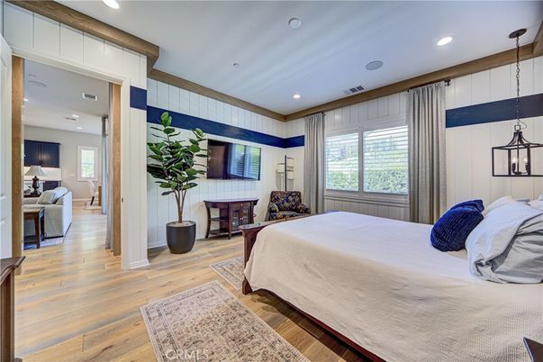 Bedroom, Interior, Pendant Lights, Recessed Lighting, Wood Texture Flooring