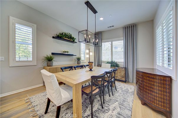 Dining room, Interior, Pendant Lights, Recessed Lighting, Wood Texture Flooring