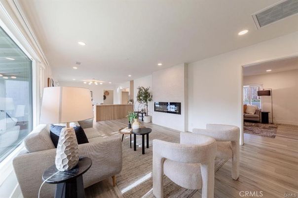 Fireplace, Interior, Living room, Recessed Lighting, Wood Texture Flooring