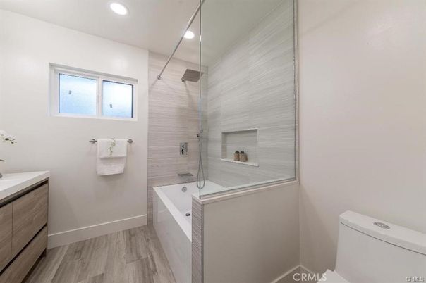 Bathroom, Glass Shower, Interior, Recessed Lighting, Wood Texture Flooring