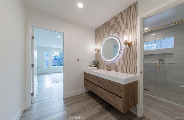 Bathroom, Glass Shower, Interior, Recessed Lighting, Wood Texture Flooring