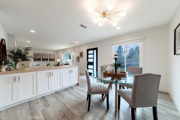 Dining room, Interior, Pendant Lights, Recessed Lighting, Wood Texture Flooring