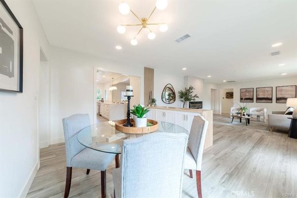 Dining room, Interior, Living room, Pendant Lights, Recessed Lighting, Wood Texture Flooring