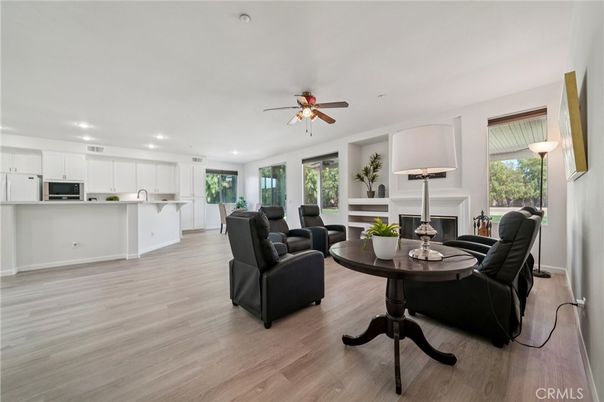 Fireplace, Interior, Kitchen, Living room, Recessed Lighting, Wood Texture Flooring