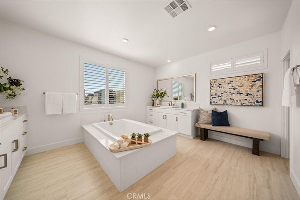 Bathroom, Dual Sink Vanities, Interior, Recessed Lighting, Wood Texture Flooring