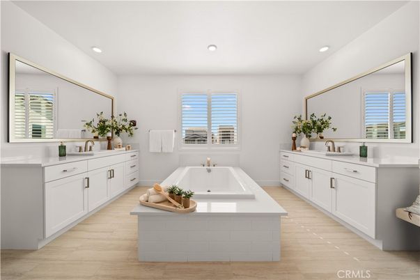 Bathroom, Dual Sink Vanities, Interior, Recessed Lighting, Wood Texture Flooring