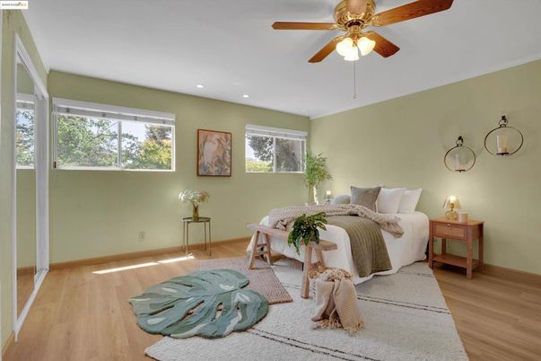 Bedroom, Interior, Recessed Lighting, Wood Texture Flooring