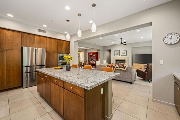 Fireplace, Interior, Kitchen, Living room, Pendant Lights, Recessed Lighting, Stainless Steel Appliances