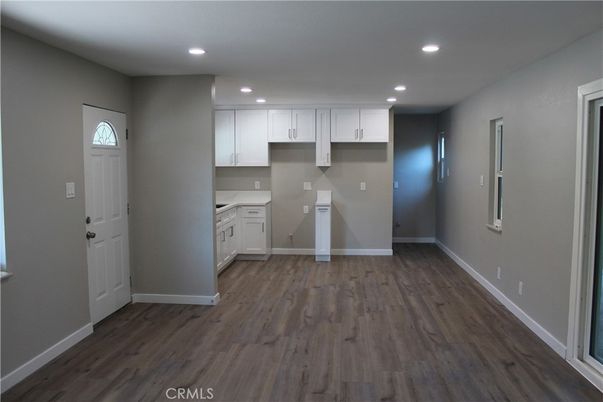 Empty room, Interior, Kitchen, Recessed Lighting, Wood Texture Flooring
