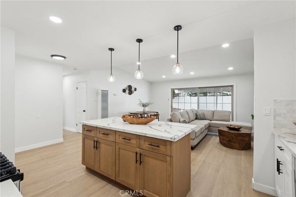Interior, Kitchen, Living room, Pendant Lights, Recessed Lighting, Wood Texture Flooring
