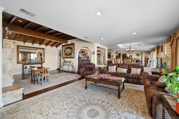 Chandelier, Interior, Living room, Recessed Lighting, Wooden Beams, Wooden Ceilings, Wood Texture Flooring
