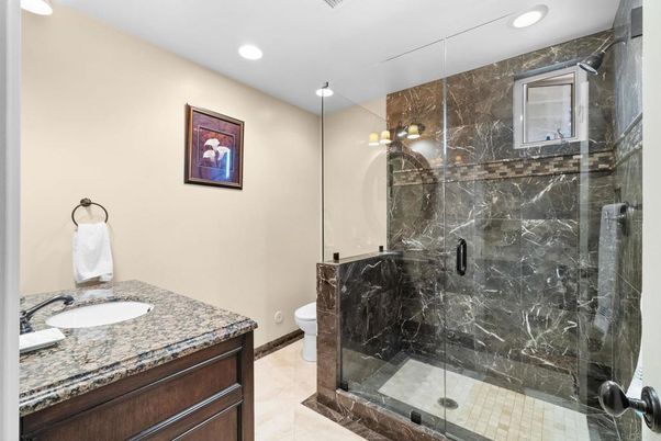 Bathroom, Glass Shower, Interior, Marble Walls, Recessed Lighting