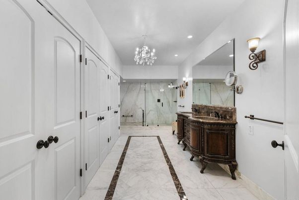 Bathroom, Chandelier, Glass Shower, Interior, Marble, Marble Walls, Recessed Lighting