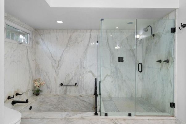 Bathroom, Glass Shower, Interior, Marble, Marble Walls, Recessed Lighting