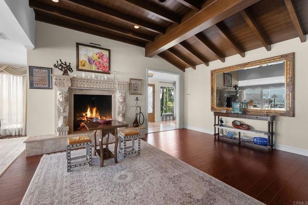 Dining room, Fireplace, Interior, Recessed Lighting, Wooden Beams, Wooden Ceilings, Wood Texture Flooring