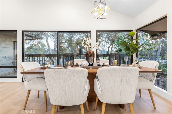 Dining room, Interior, Pendant Lights, Wood Texture Flooring