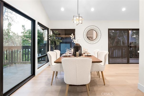 Dining room, Interior, Pendant Lights, Recessed Lighting, Wood Texture Flooring