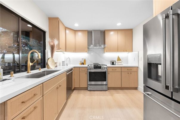 Interior, Kitchen, Recessed Lighting, Stainless Steel Appliances, Wood Texture Flooring