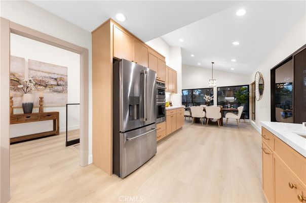 Dining room, Interior, Kitchen, Pendant Lights, Recessed Lighting, Stainless Steel Appliances, Wood Texture Flooring