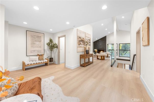 Fireplace, Interior, Living room, Recessed Lighting, Wood Texture Flooring