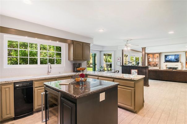 Fireplace, Interior, Kitchen, Recessed Lighting, Wood Texture Flooring