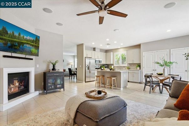 Dining room, Fireplace, Interior, Kitchen, Recessed Lighting, Stainless Steel Appliances