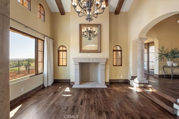 Chandelier, Fireplace, Interior, Wooden Beams, Wood Texture Flooring