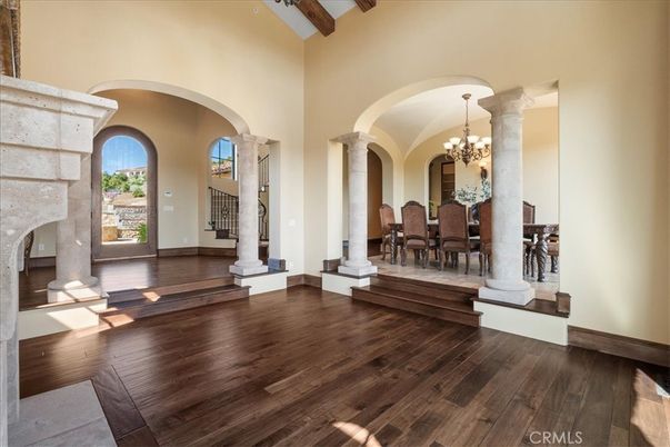 Chandelier, Dining room, Interior, Wooden Beams, Wood Texture Flooring