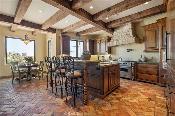 Dining room, Interior, Kitchen, Pendant Lights, Recessed Lighting, Stainless Steel Appliances, Stone Walls, Wooden Beams