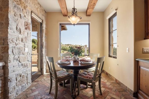 Dining room, Interior, Pendant Lights, Stone Walls, Wooden Beams