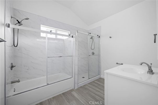Bathroom, Glass Shower, Interior, Marble Walls, Wood Texture Flooring