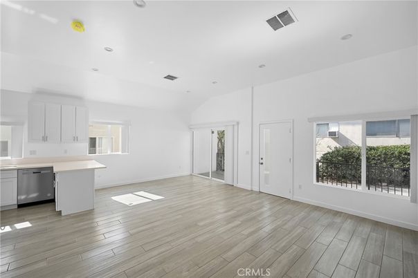Empty room, Interior, Kitchen, Recessed Lighting, Wood Texture Flooring