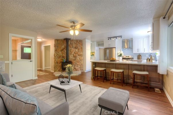 Fireplace, Interior, Kitchen, Stone Walls, Wood Texture Flooring