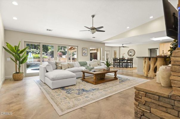 Dining room, Interior, Living room, Recessed Lighting, Wood Texture Flooring