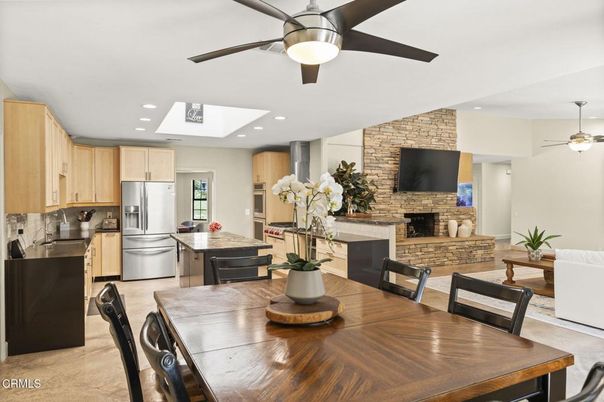 Dining room, Fireplace, Interior, Kitchen, Recessed Lighting, Stainless Steel Appliances, Stone Walls