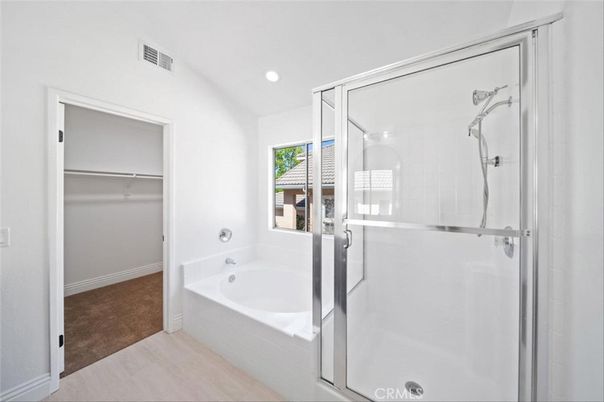 Bathroom, Glass Shower, Interior, Recessed Lighting, Wood Texture Flooring