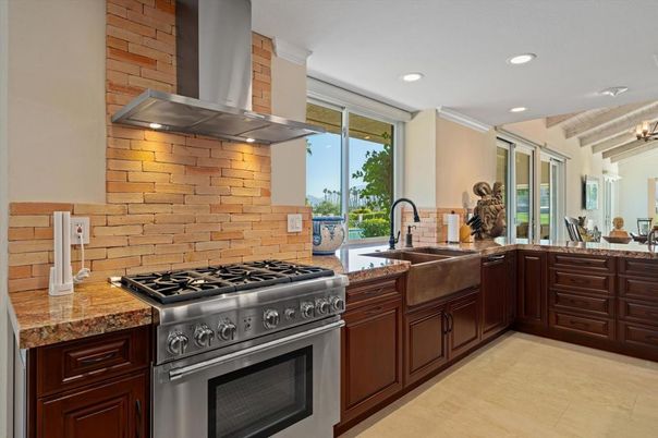 Interior, Kitchen, Recessed Lighting, Stainless Steel Appliances, Stone Walls